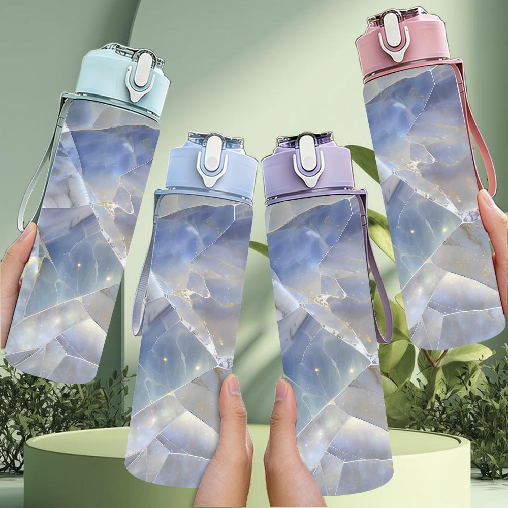 1PC Soft Lavender Cloud Marble Agate Texture 750ml Color Plastic Sports Water Bottle Leakproof Flip Straw Lid Suitable for Sports Office Home Use