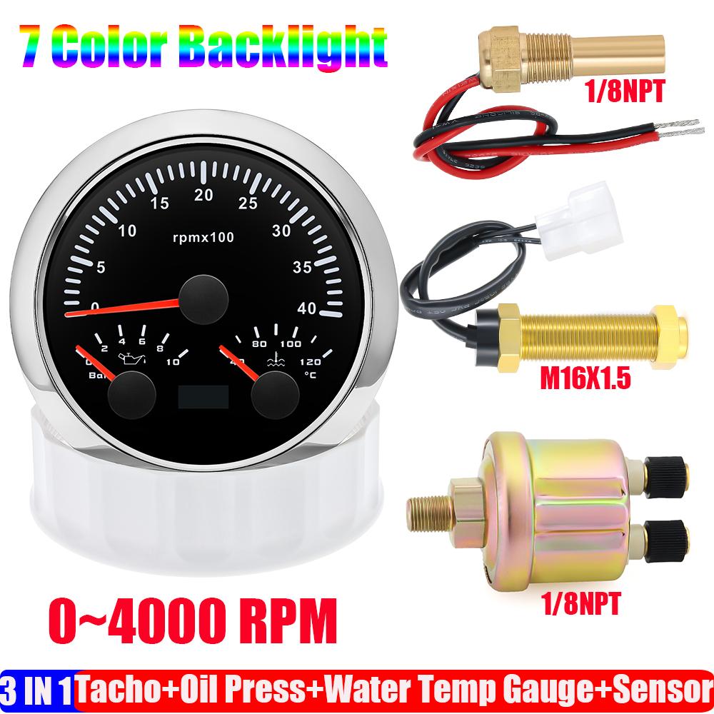 ZMFJH 3000~8000RPM 85MM Tachometer+Oil Pressure+Water Temp Gauge with Sensor 7 Color Light MultiMeter 0~10Bar for Car Boat 9-32V
