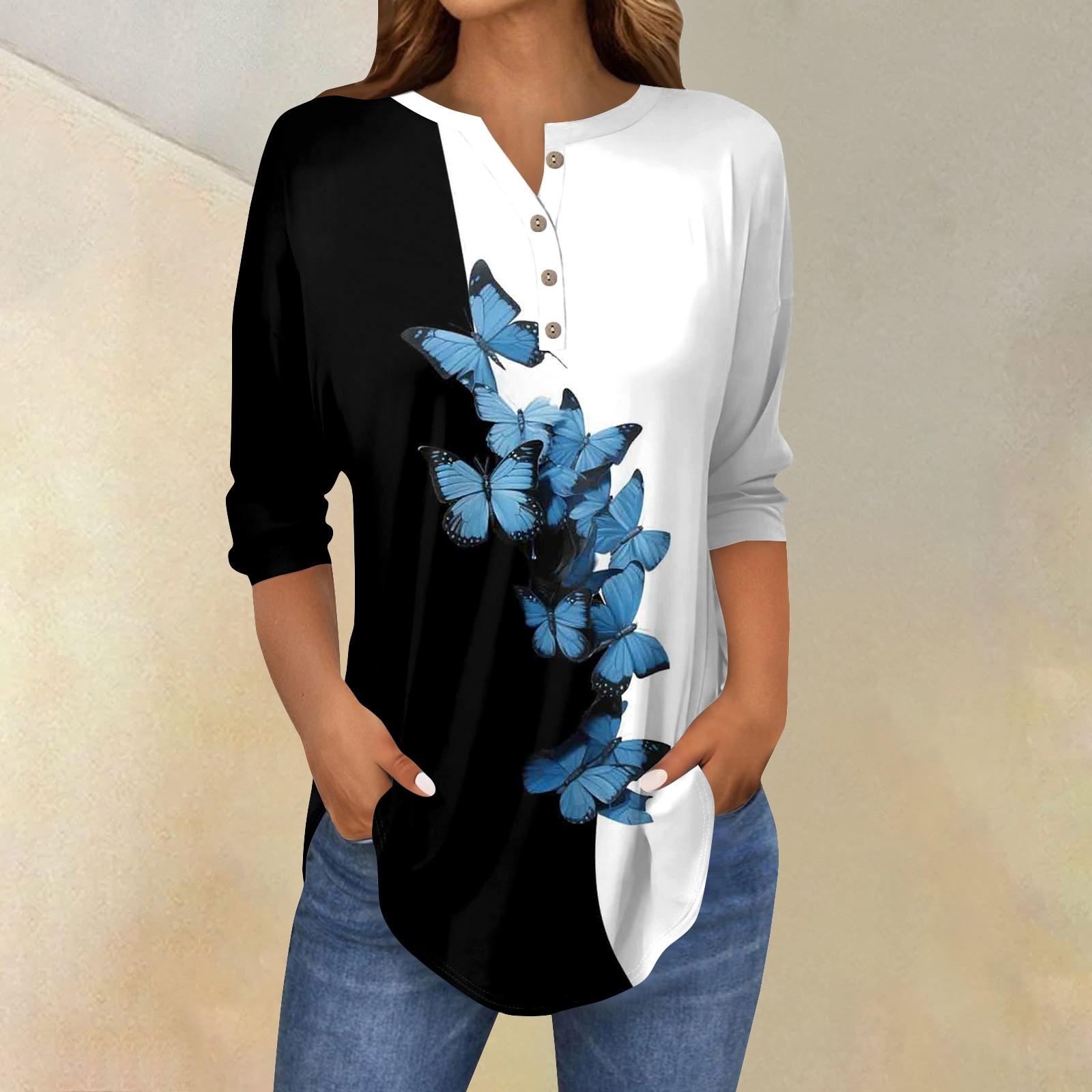 

Женские топы с рукавами 3/4, летние футболки с цветочным принтом и V-образным вырезом, повседневные базовые футболки с пуговицами, туники XXL