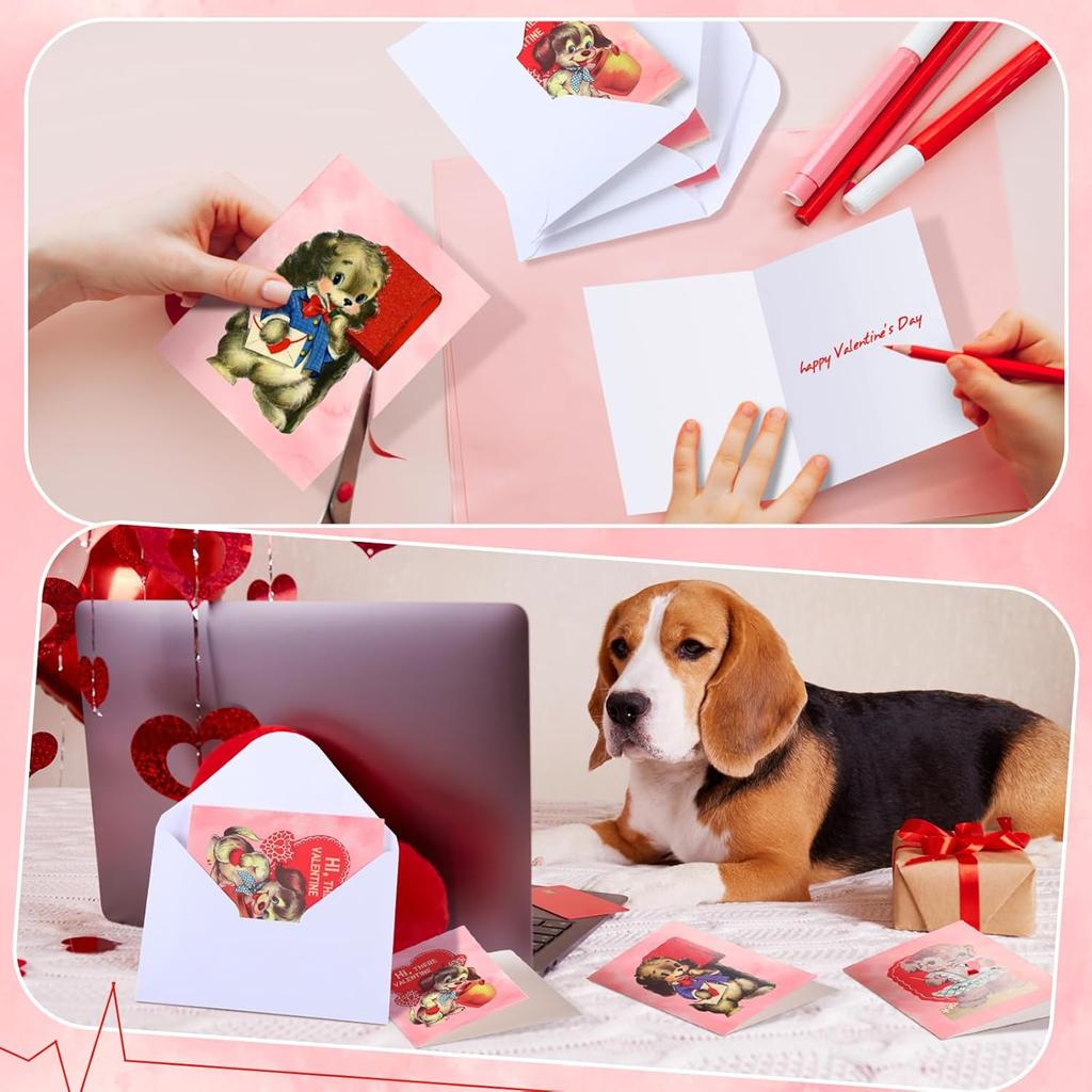 Jetec 48 Pcs Vintage Puppy Valentine's Day Cards with Envelopes Retro Puppies Valentines Greeting Cards Bulk Boxed Vintage Dog Valentines Day Note