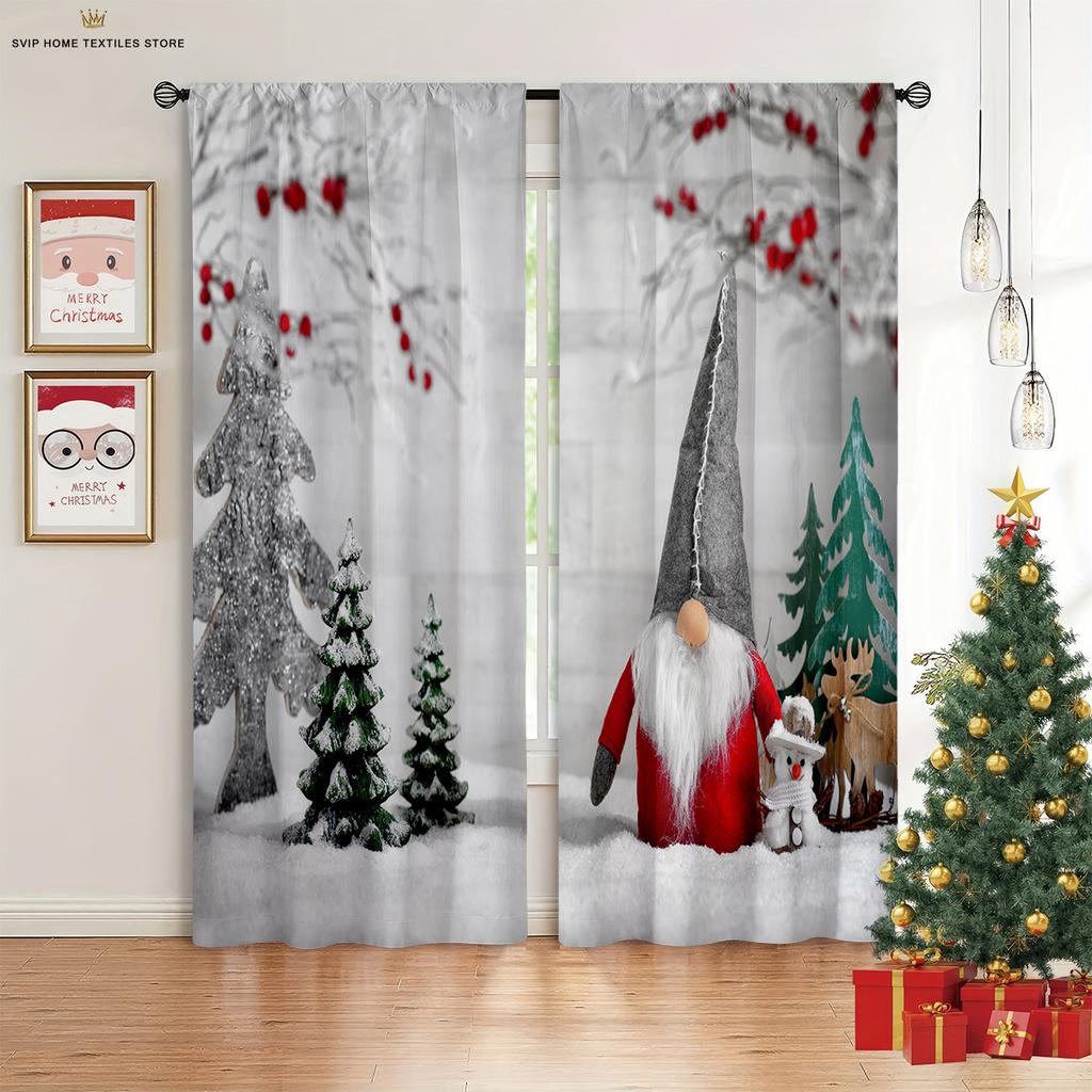2pcs Cartoon Santa Claus Merry Christmas Printed Curtains Kids Gift Bedroom Restaurant Holiday Party Decorative Curtains