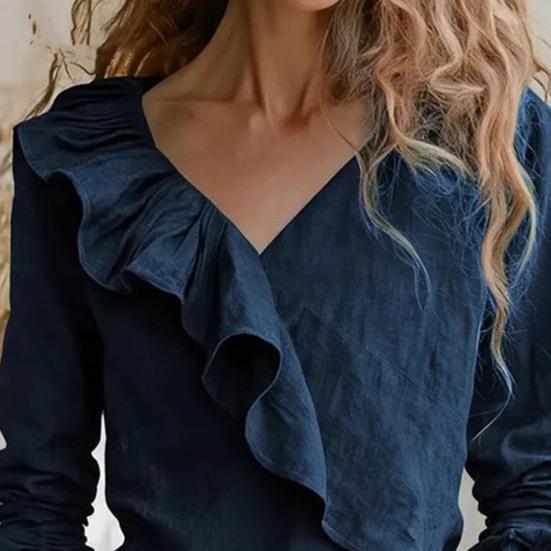 Yousheng Damen Oberteile V-Ausschnitt Langarm Rüschen-Design Einfarbig Pendlerbluse Lockere Passform Arbeit Party Freizeit-Oberteile Alltagskleidung