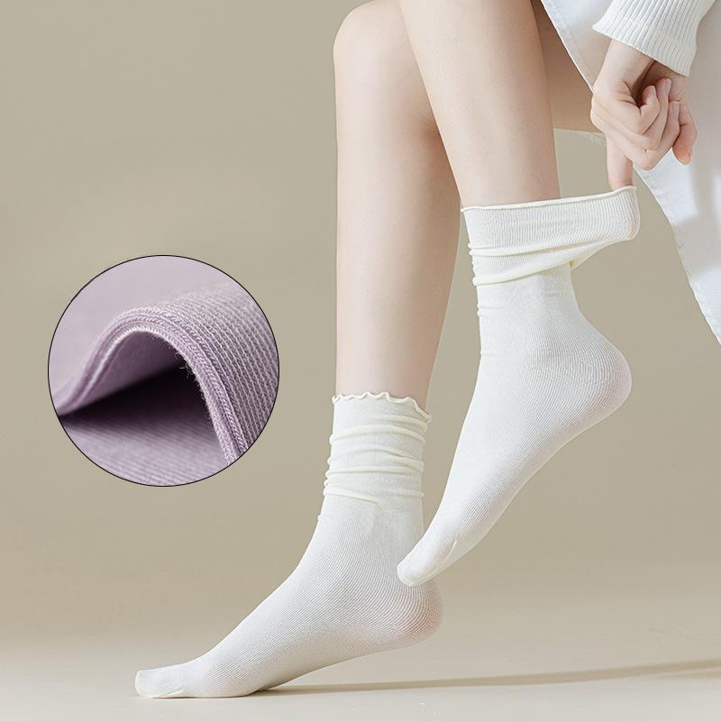 Women's Spring and Summer Socks, Solid Color Black Ear-trimmed Mid-calf Socks, Dad Shoes, Versatile Women's Socks
