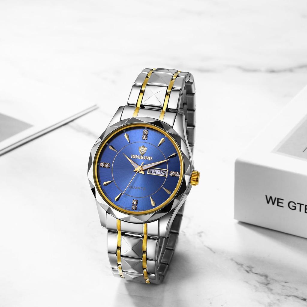 Watch Seiko Analog Copy Watch Men Glowing Date Day of the Week Waterproof Watch Easy To Read Dial Stainless Steel Level Adjustable Blue Men's Quartz