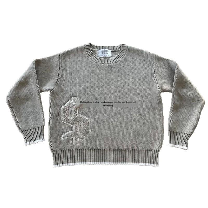 Men's American Style Embroidered Jacquard Sweater - Round Neck, Loose Knit, Autumn/Winter Fashion