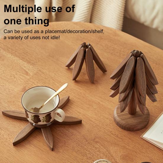 1/3/4/5Pcs Walnut Wooden Trivets with Stand Heat-Resistant Hot Pads for Pots Pans Christmas Tree Shape Design Coasters Kitchen Table Decor Gift