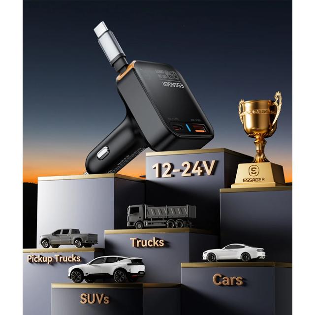 Essager 65W USB C Car Charger 3 Ports with Retractable Cable PD3.0 QC3.0 30W Fast Charging for iPhone 16 15 iPad Samsung Xiaomi