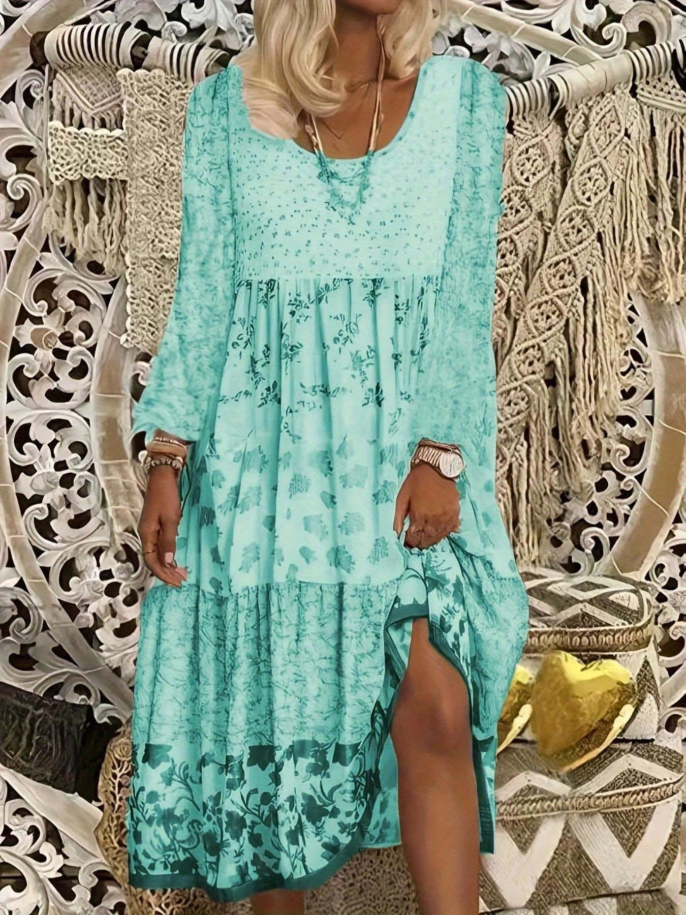 

Платье женское с длинным рукавом, с принтом, с круглым вырезом - весна и осень 2025 5XL чирковый