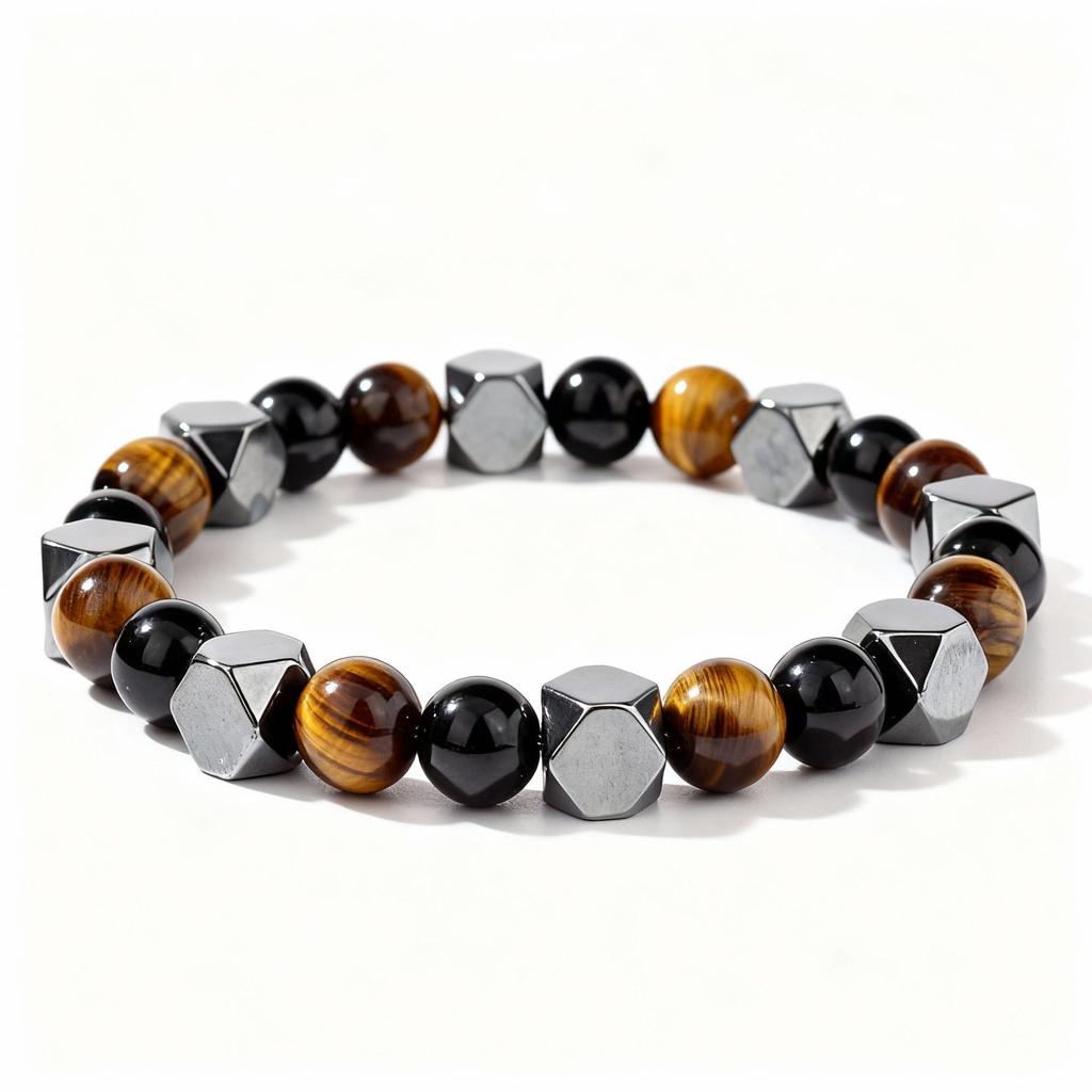 Festive Gifts Tiger Eye Black Onyx And Hematite Hexagonal Beaded Bracelet Bold Fashion Jewelry For Men Daily Wear Simple Versatile Accessory