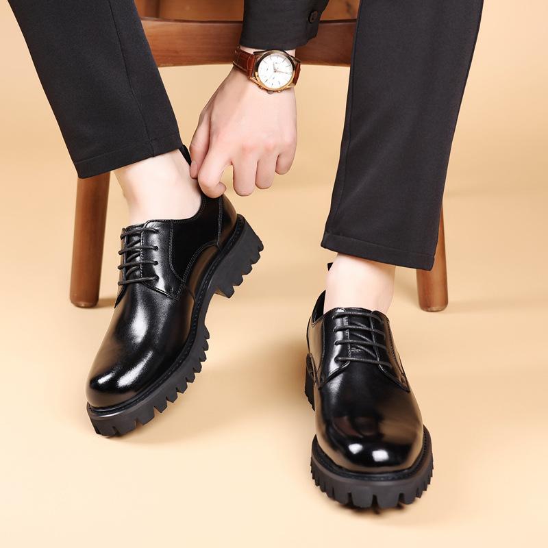 First Layer Cowhide Business Casual Leather Shoes British Round Head Heightening Shoes Genuine Leather Soft Sole Formal Men'S Shoes Platform Loafers