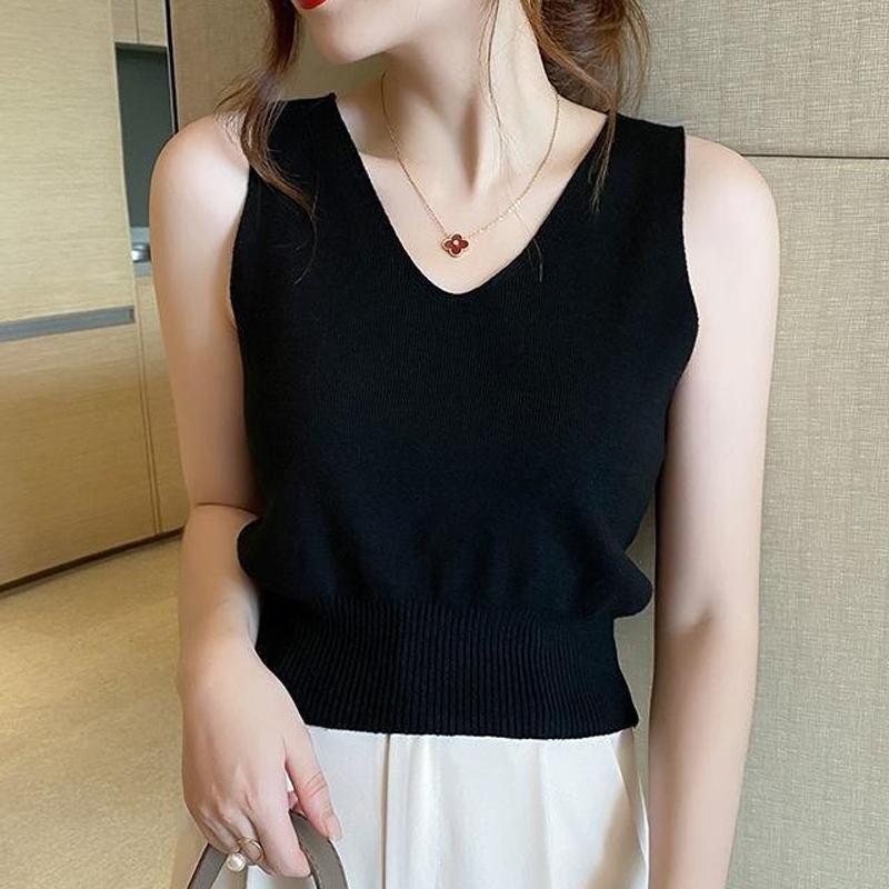 French Solid Color V-Neck Sleeveless Simple Casual Knitted Vest For Women