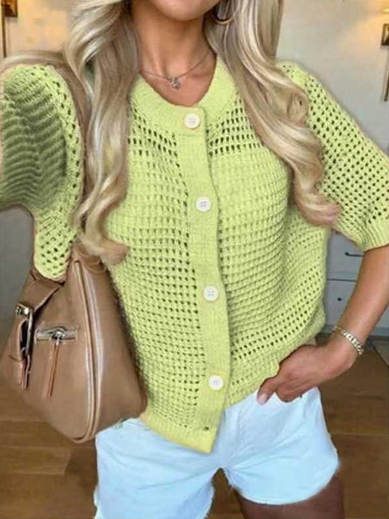 Damen Häkel-Strickjacke mit Ajourmuster, Kurzarm, Knopfleiste, Unifarben, Sommer-Top
