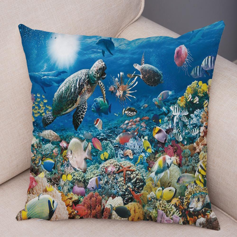 Marine Turtle Dolphins Shark Cushion Cover Short Plush Decor Colorful Ocean Animal Pillowcase Pillow Case for Sofa Home Car