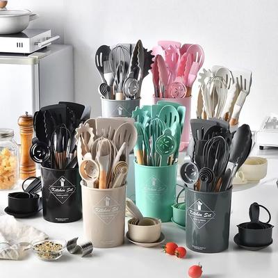 12-teiliges Küchenutensilien-Set mit Holzgriff und Silikonspitze, hochtemperaturbeständig, antihaftbeschichtet, hitzebeständig, mit Aufbewahrungseimer für das tägliche Kochen