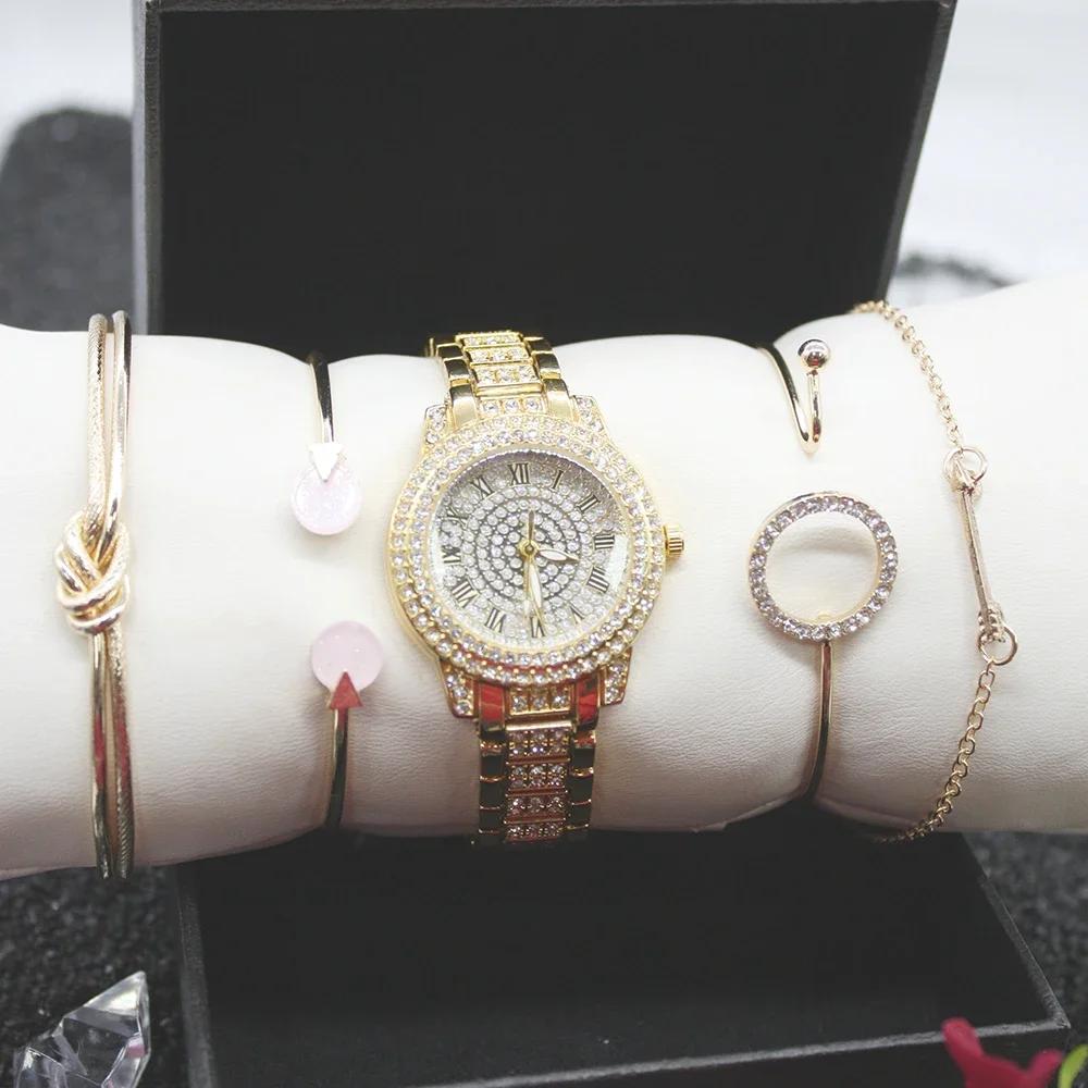 5-teiliges Set Hip Hop Diamant Uhr Armband Damen Damenuhren Luxus Damen Uhr Modeuhr für Damen Inklusive Armbandbox
