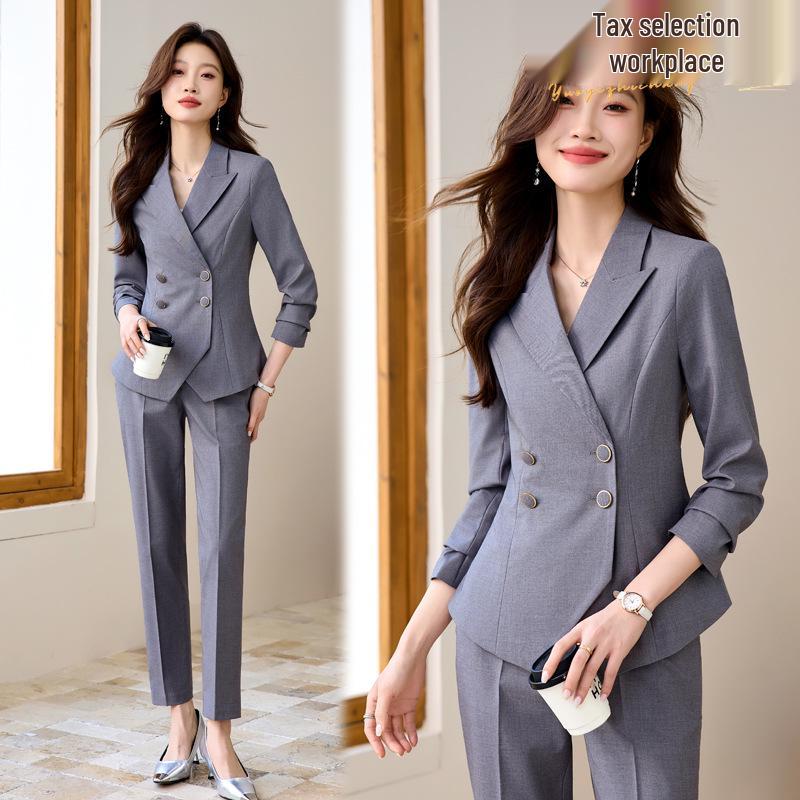

Women s Gray Double-Breasted Blazer Suit Set - High-End Spring/Autumn 2025 3XL