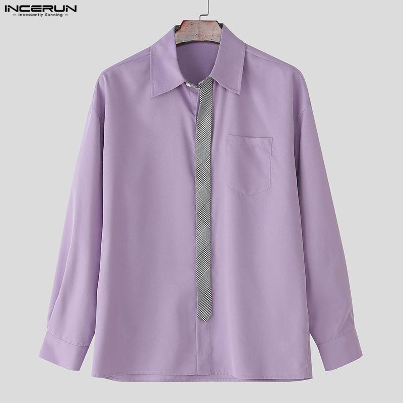 INCERUN Oversized Men Casual Loose Striped Print Patchwork Long Sleeve Shirts Tops