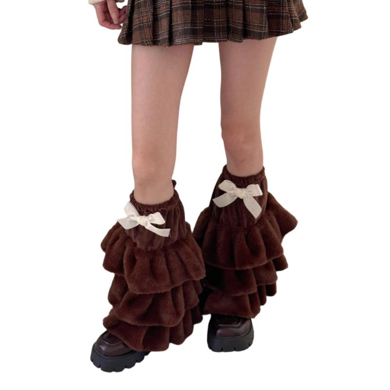 Women Plush Tiered Ruffle Leg Warmers with Bowknot Fuzzy Winter Boot Cuffs Thick Warm Furry Foot Covers Footless Socks