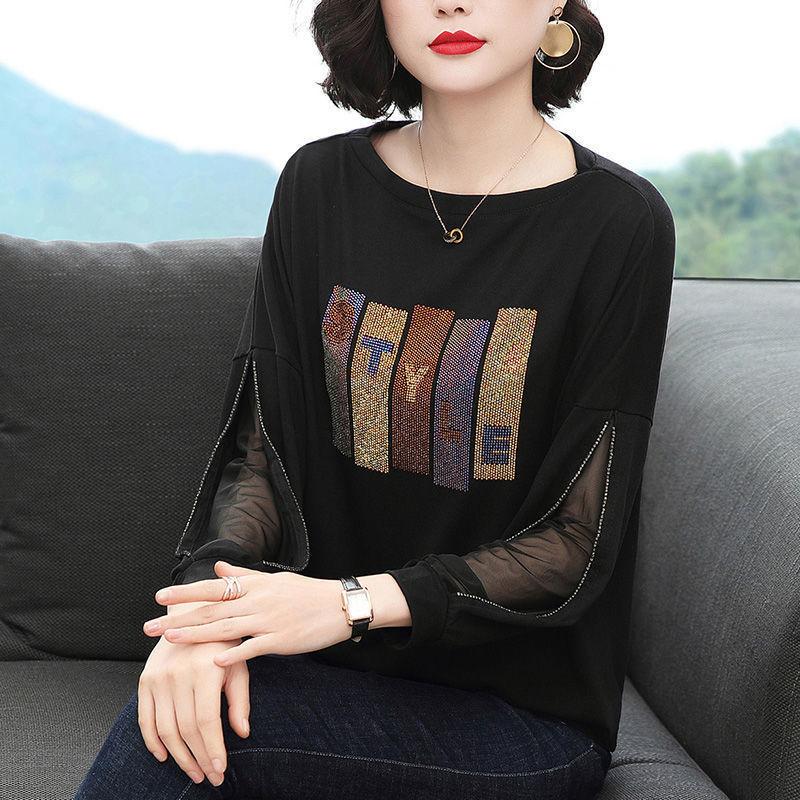 New Spring and Autumn Fashion Commuting Simple Round Neck Hot Diamond Design Feel Sleeves Loose and Casual Oversize T-shirt