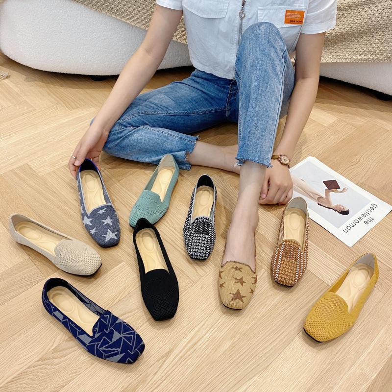 New square head woven geometric pattern soft sole shallow mouth knitted shoes flying knitted Doudou shoes
