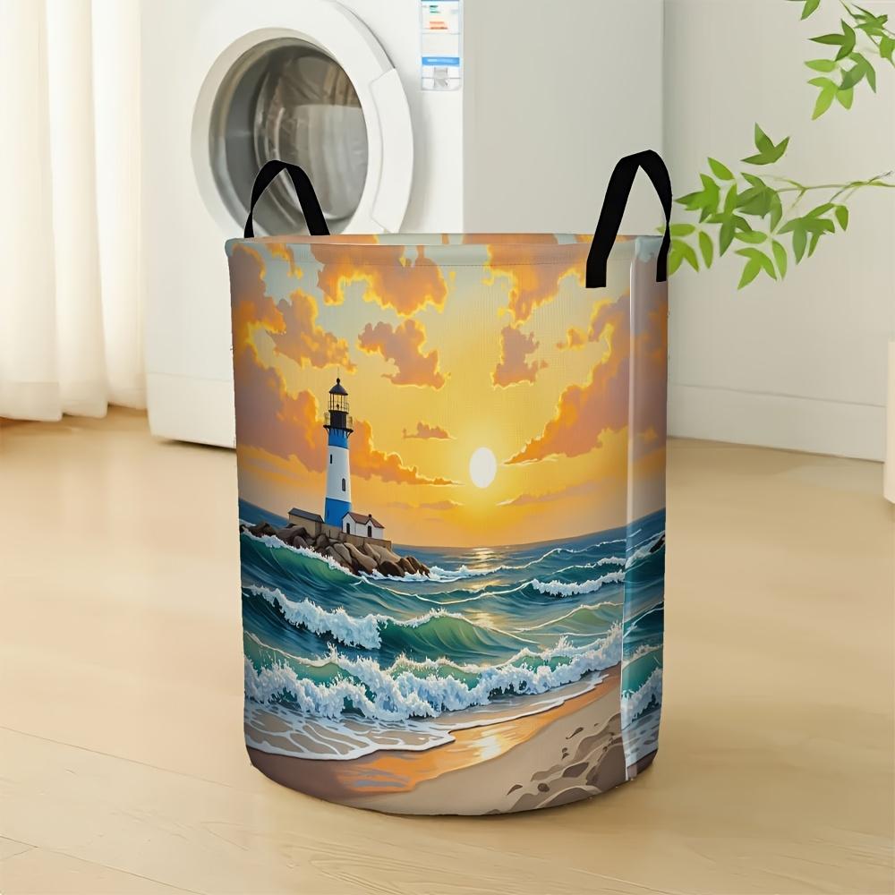 Ocean Lighthouse Sunset Laundry Basket Lightweight Sturdy Round Clothes Hamper with Dual Handles Vibrant Coastal Artwork