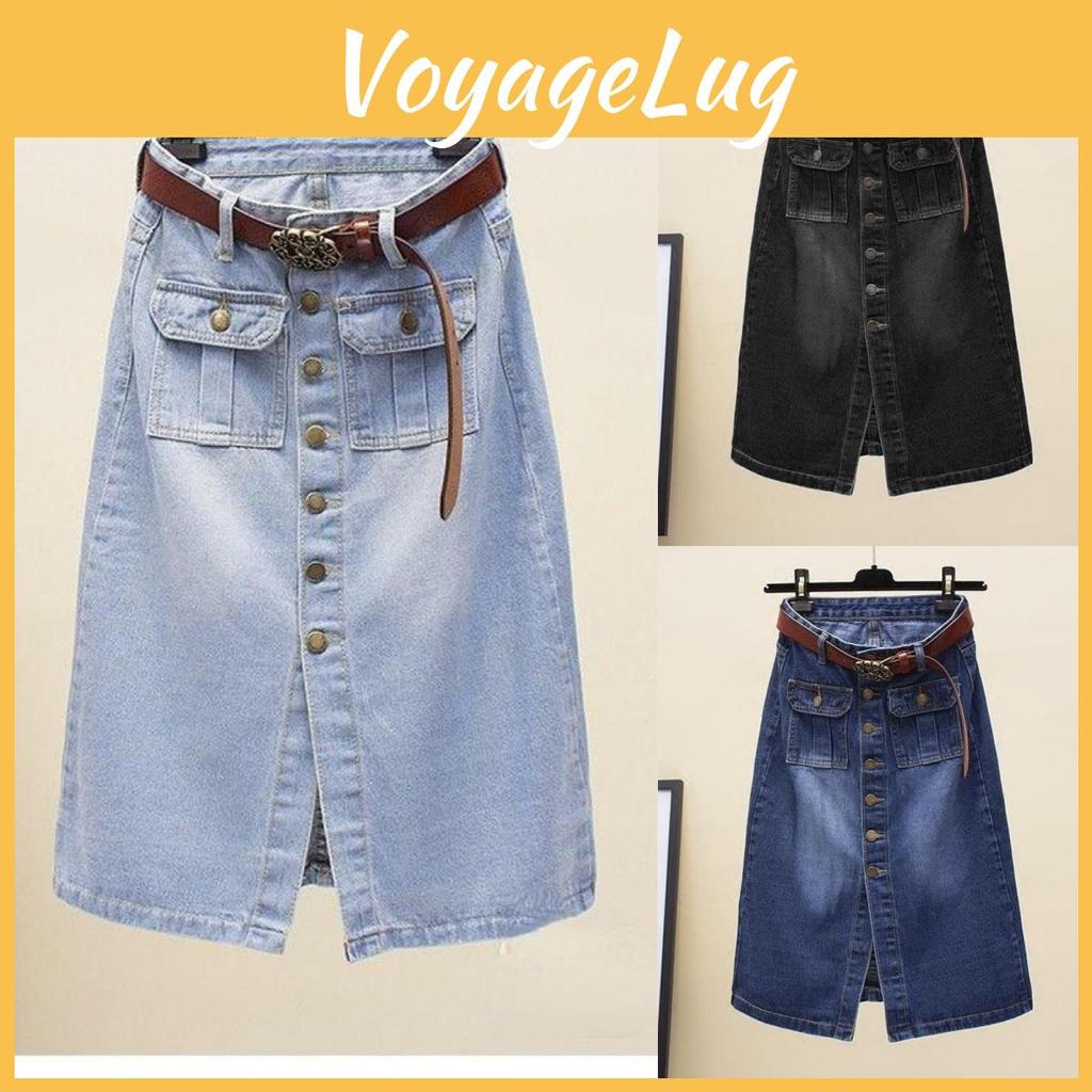 Nederdel Kvinder Retro Forår Enknaps Højtaljet Smal Mellemlang Denim Nederdel Split Hof A-formet Nederdel