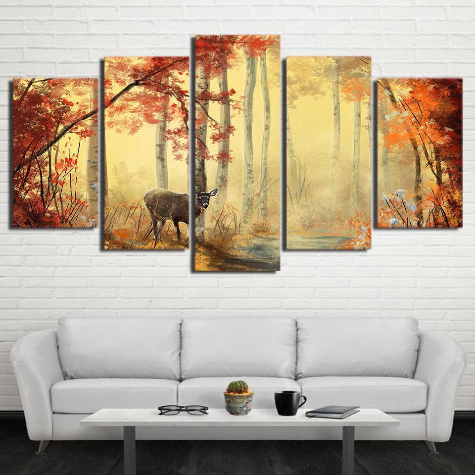 5 Piece Canvas Art Red Maple Forest Canvas Painting No Frame uygun