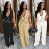 Women's Casual V-neck Button Top & Trousers Two-piece Set - New Fashion Europe/America