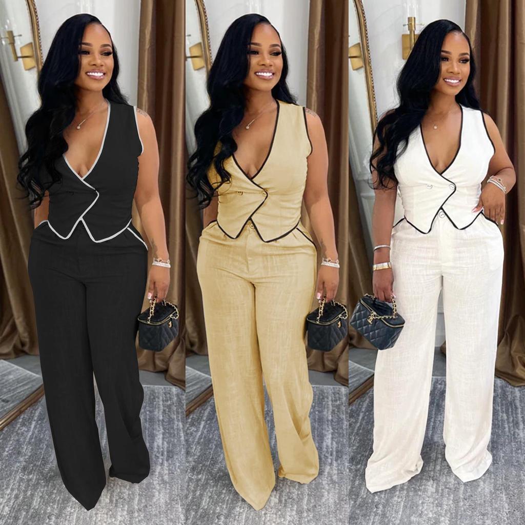 Women's Casual V-neck Button Top & Trousers Two-piece Set - New Fashion Europe/America