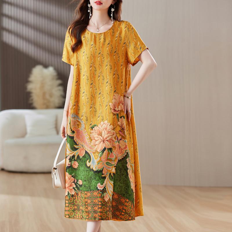 

Женское элегантное платье, летние большие размеры, свободные повседневные длинные платья с короткими рукавами, винтажная женская одежда среднего возраста 3XL