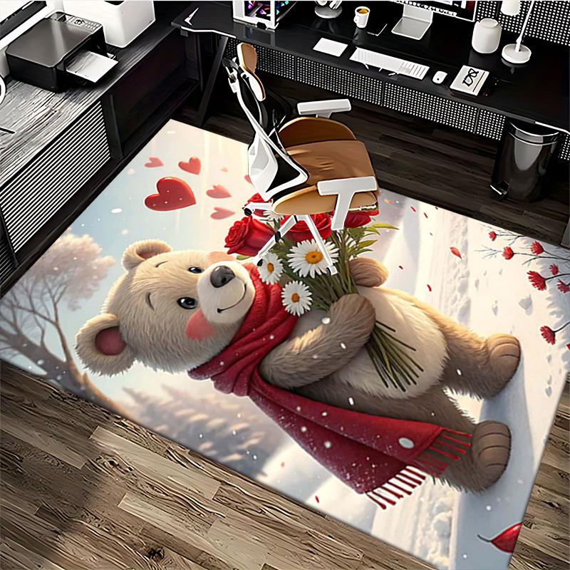 1pc Anime Cartoon Design Valentine's Day Gift - Teddy Bear with Red Roses and Hearts Office Chair Mat Non-Slip Carpet Suitable for Home Decor Living R