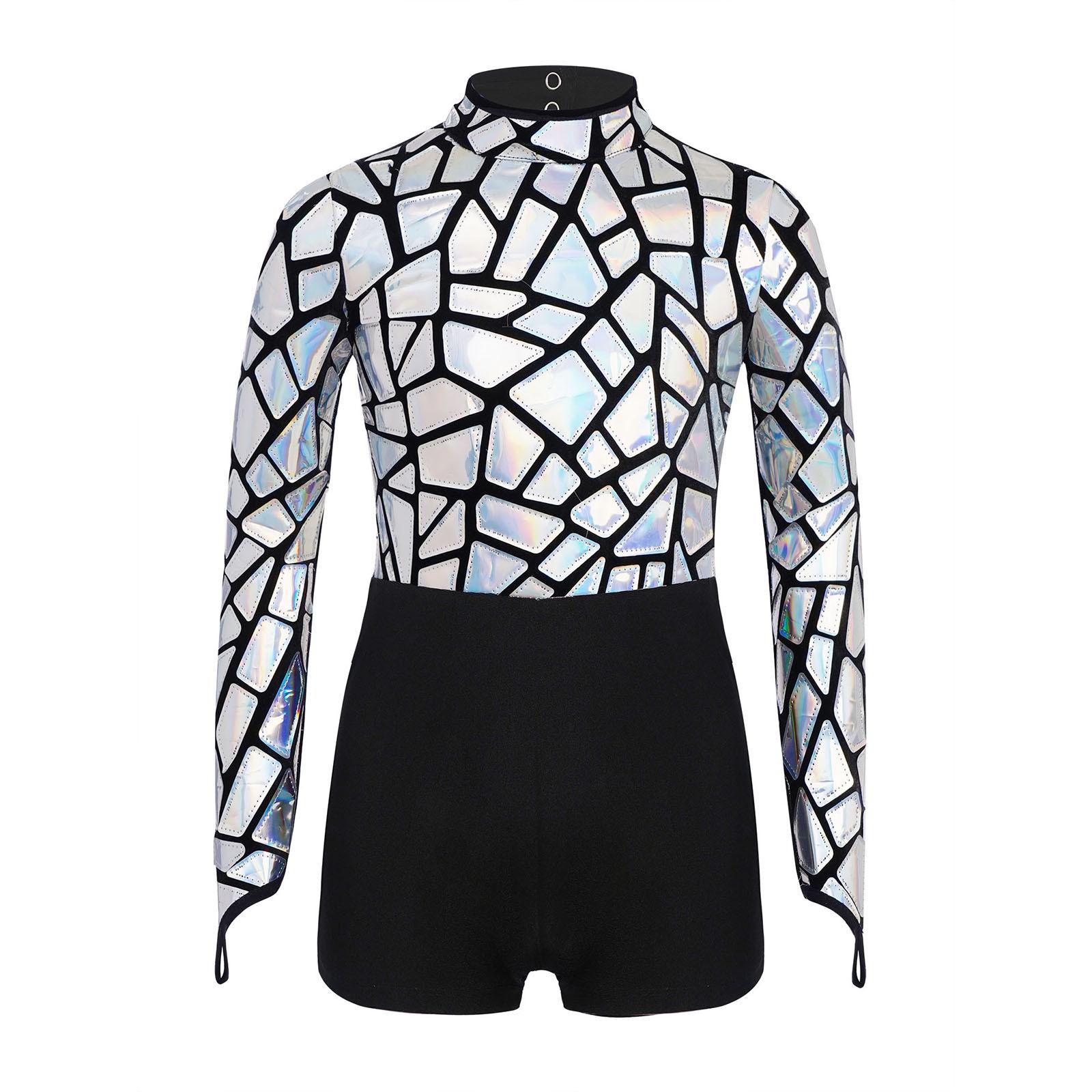 

Дитячий металізований блискучий танцювальний комбінезон з високим коміром, довгими рукавами, вирізом на спині, купальник, костюм для виступу на сцені, змагань 5-6 Years срібний