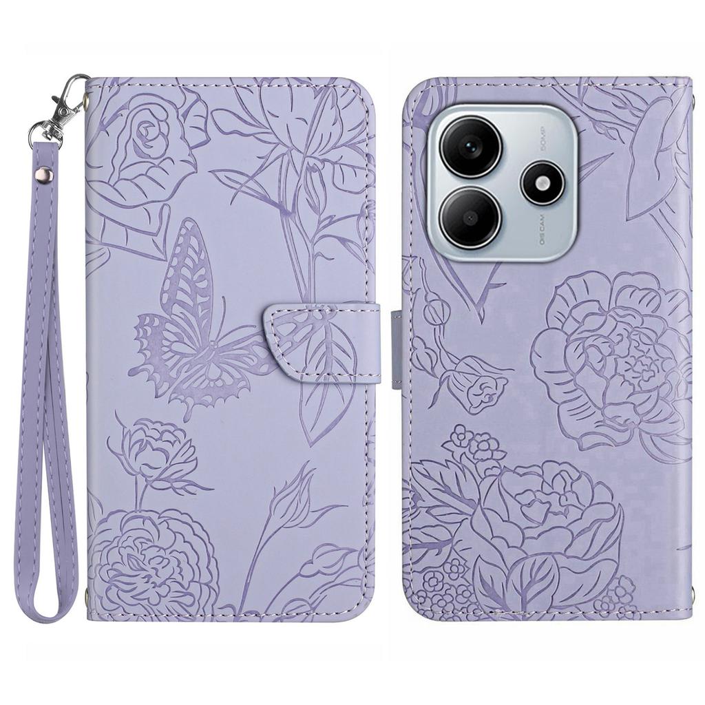 For Xiaomi Redmi Note 14 5G Case Leather Phone Cover with Strap, Butterfly Flower Imprint