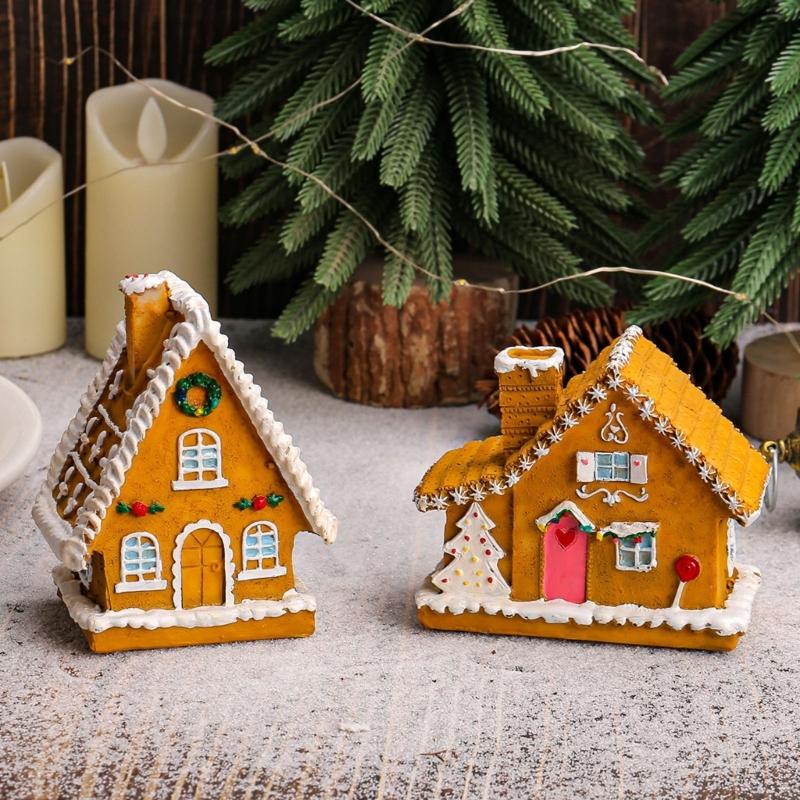 Christmas Village Houses Christmas Collectible Buildings with LED Light Christmas Decors Gingerbreads House Figurine