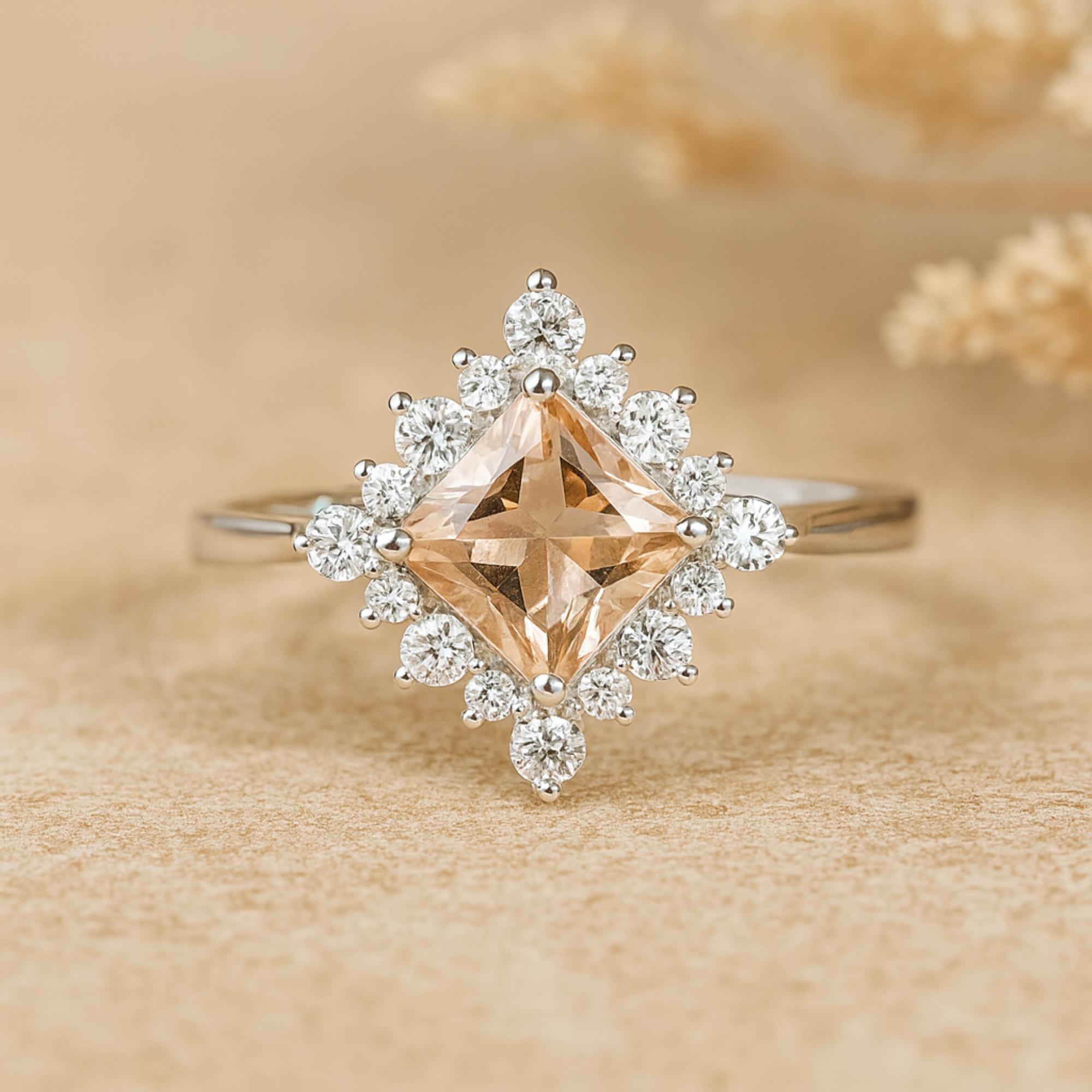 

Кольцо из стерлингового серебра 925 пробы с морганитом огранки «принцесса» | Винтажное кольцо-гало с кубическим цирконием | Розово-персиковое помолвочное кольцо для женщин Q розовый