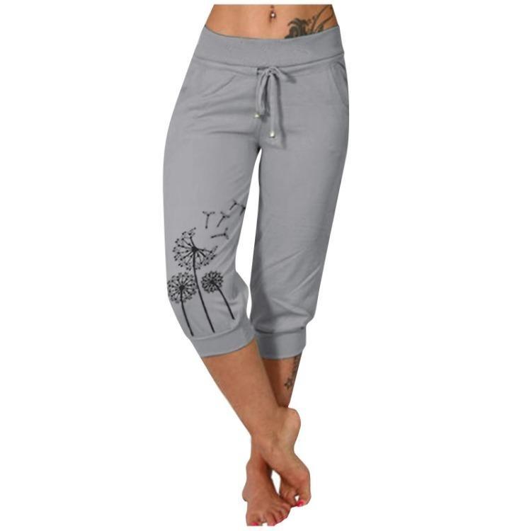 Women High Waist Casual Printed Yoga Pants Drawstring Seventh Pants Qunide