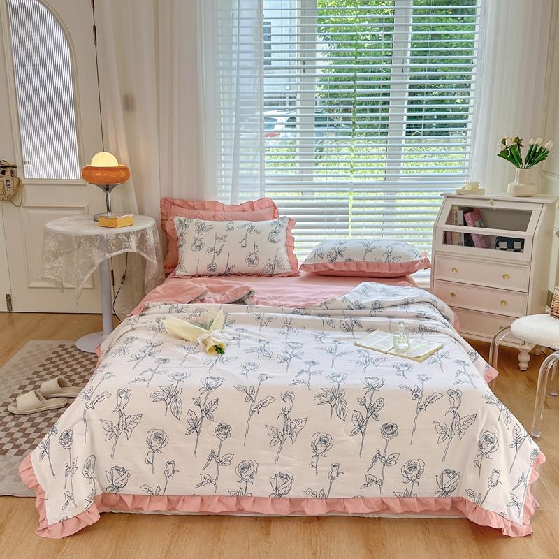 Niedliches Cartoon-Kaninchen Bettwäsche-Set Queen Rosa Tulpenblumen Sommer Dünne Steppdecke Weiche Botanische Blumensteppdecke mit 2 Kissenbezügen