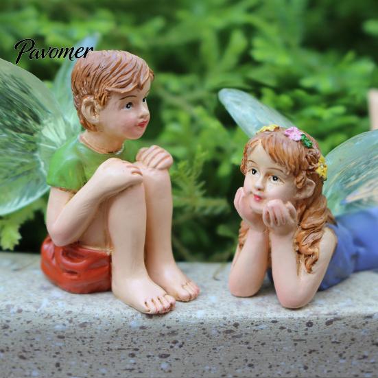 Indoor Landscape Resin Decor 2Pcs/Set Boy And Girl Fairy Statues, Miniature Figurines, Ornaments Cute Mini Figures for Garden, Potted Plant, Terrarium