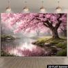 2D Flat Japanese Sakura Scenery Banner, Soft Pink Cherry Blossom Over Lake Tapestry for Party