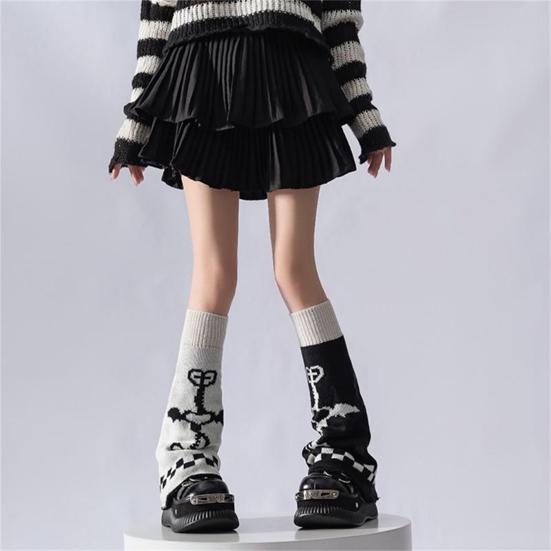Two Side Wear Heart Flower Pattern Leg Sleeves for Women Aesthetic Knitted Flared Leg Warmers Baggy Footless Long Socks