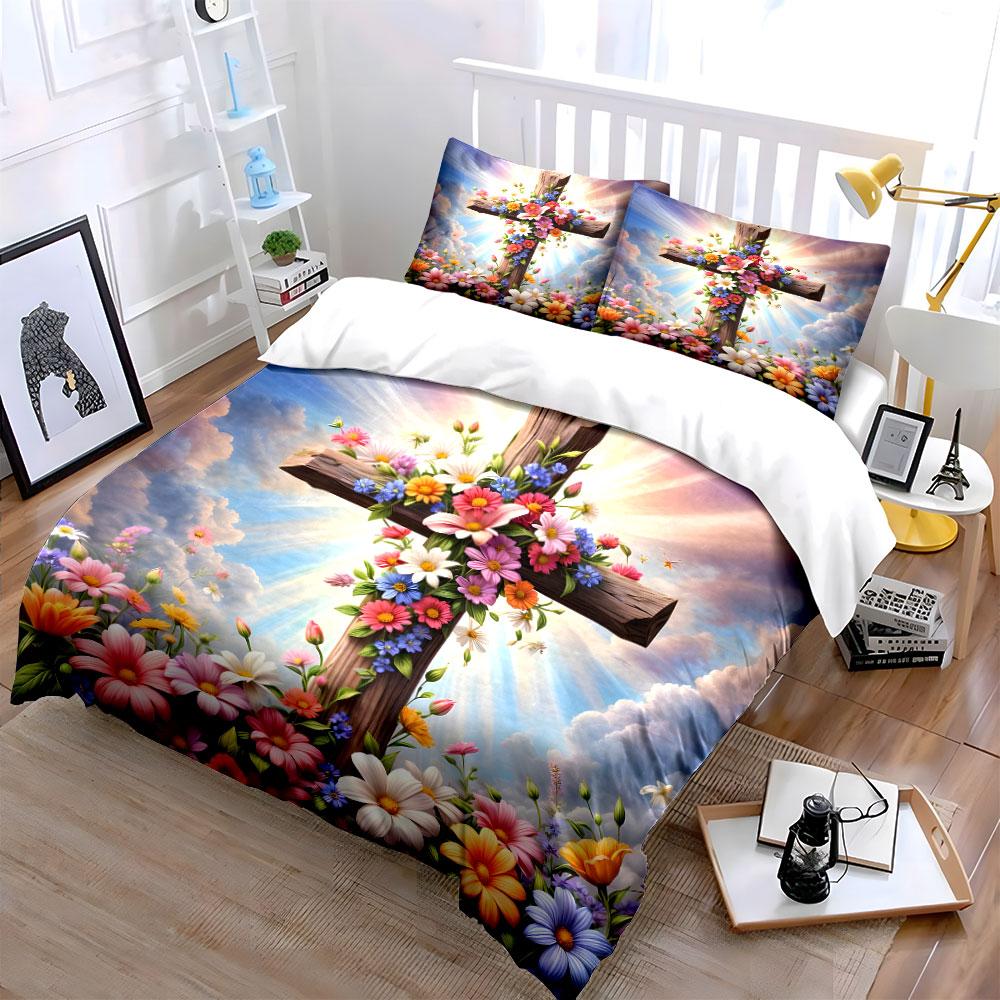 "Floral Cross Spiritual Decoration Set" Exquisite three-piece bedding set gift for kids and adults