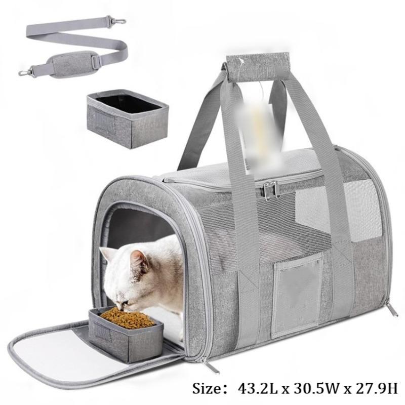 

Breathable Cat Bag Foldable Mesh Cat Bag Portable Travel Outgoing Cats Carriers Outdoor Pet Handbag Carrier with Folding Bowl серый
