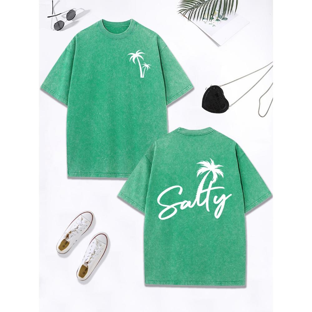 

Соленый Кокос Дерево Арт Принт Букв Выстиранная Футболка Женская Хлопковая Футболка Оверсайз Круглый Вырез Удобные Топы Одежда S