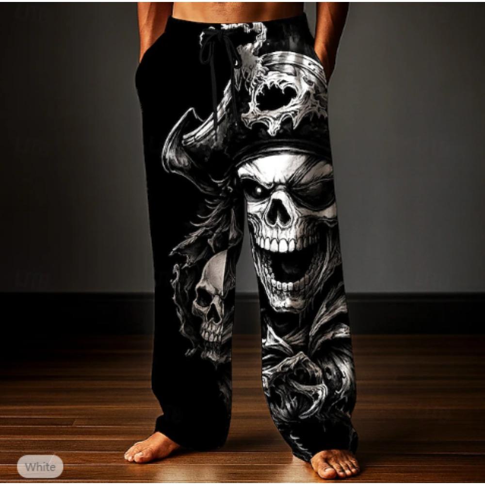 Men's 3D Skull Head Printed Baggy Casual Trousers, Elastic Drawstring Waist with Pockets, for Spring Summer Home Outdoor Vacation