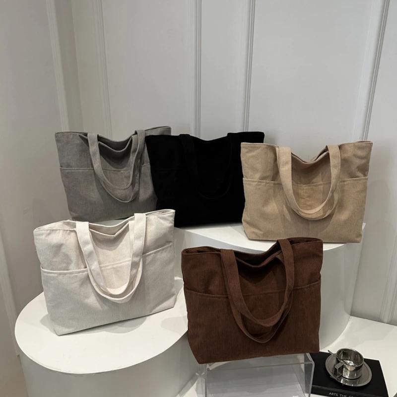 Simple Large Capacity Tote Women Shoulder Bag Retro Corduroy Ladies Shopping Commuter Underarm Bags Female Multi-pocket Handbags