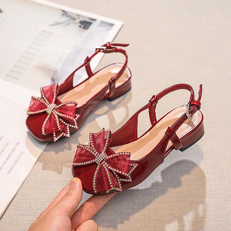 

Босоножки принцессы для девочек, новое выступление на показе детской моды на высоком каблуке, босоножки с бантом и мыском для маленьких девочек 36 красный