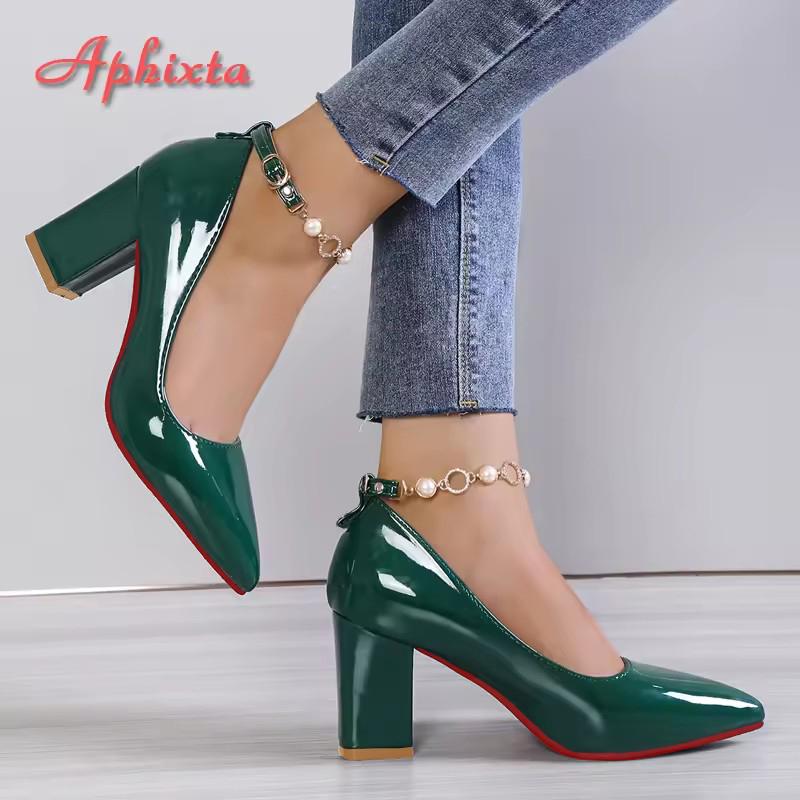 Fashion Aphixta 2024New Luxury Rhinestone Pearl Chain 7cm Chunky Heels Pumps Women Shoes String Bead Pointed Toe Bling Crystals Pumps