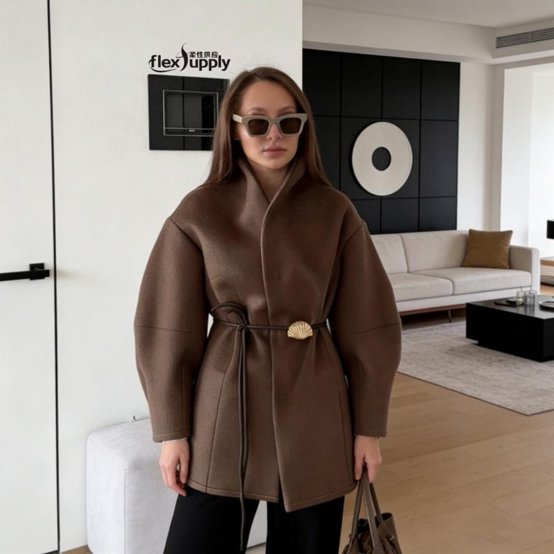 Women Brown Waisted V Neck Long Sleeve Casual Woolen Coat