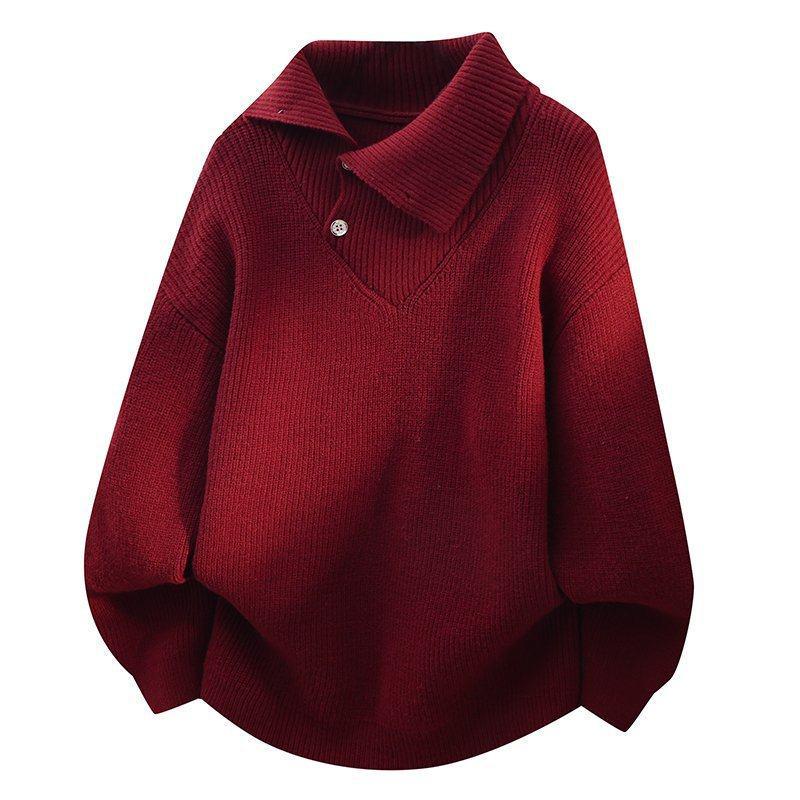 

Men s Stylish Lapel Knit Sweater - Versatile Solid Color Woolen Top for Autumn & Winter XL червоний