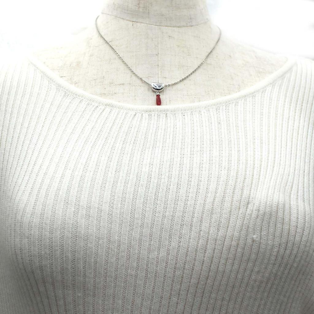 [Craftsman's Crafts Museum] Blood Red Coral Teardrop Pendant, Silver Fittings, Drop Pendant Top, 40cm Plated Chain Included, Undyed Coral